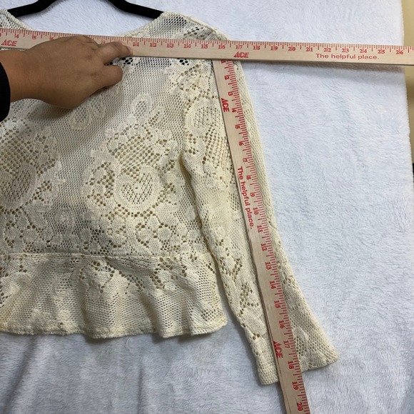 VTG Fashion Bug S Tie Front Knit Top Cream Sheer Crochet Coquette Cottage Y2K - Picture 7 of 8